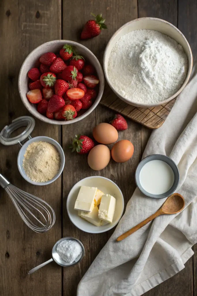 Flat lay of fresh ingredients for strawberry vanilla cake including flour, butter, eggs, sugar, milk, and strawberries