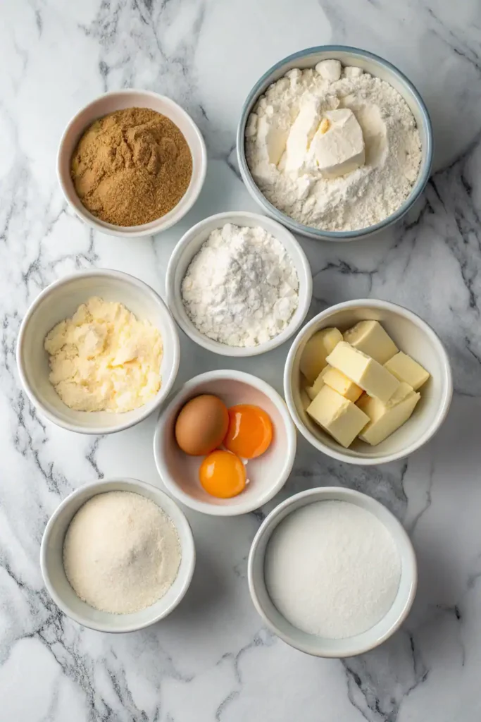 Individual bowls of vanilla bean cake ingredients on marble surface