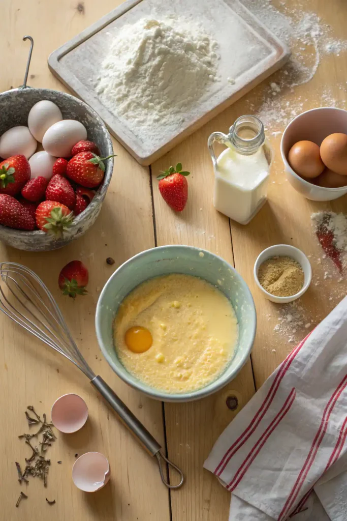 Baking ingredients and cake batter for strawberry vanilla cake on kitchen counter