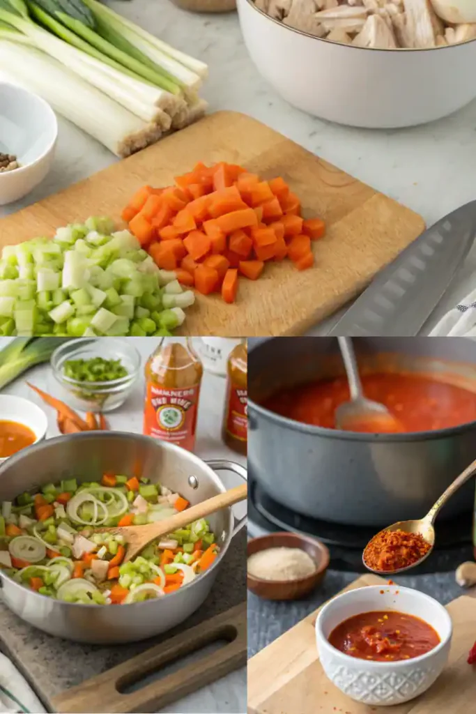 Sautéing vegetables for buffalo chicken soup with chicken broth and hot sauce nearby.