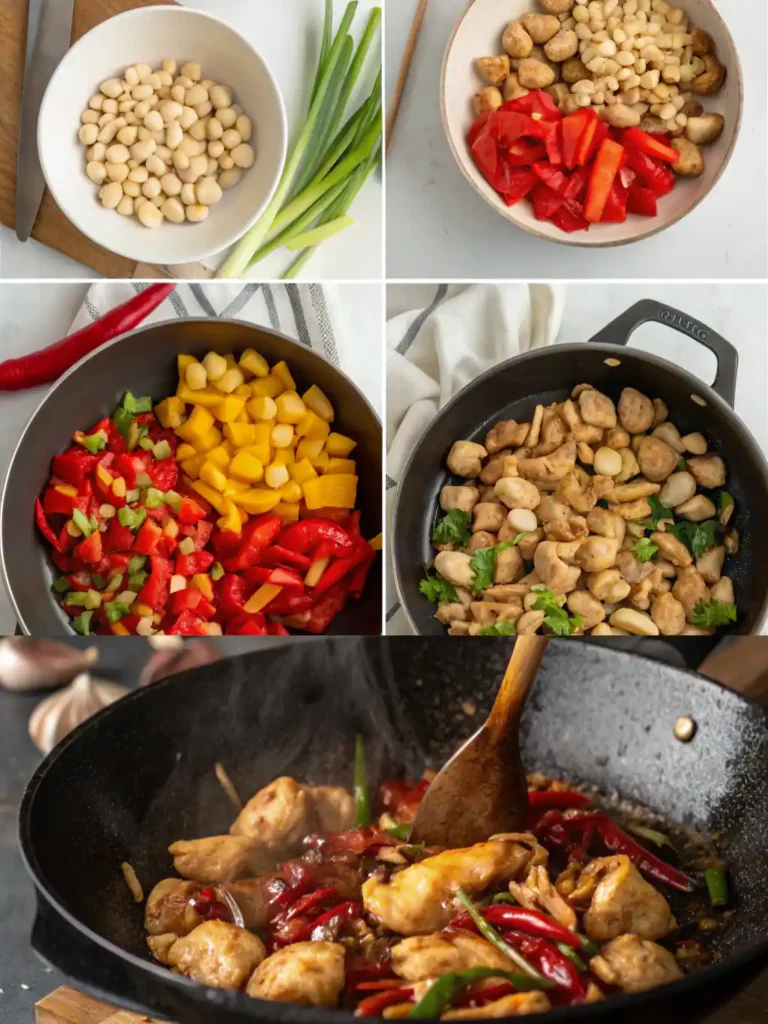 stirring chicken, garlic, ginger, and dried chilies in a hot wok during the cooking process.