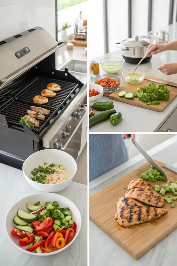 Step-by-step prep: grilling chicken, chopping vegetables, mixing salad.