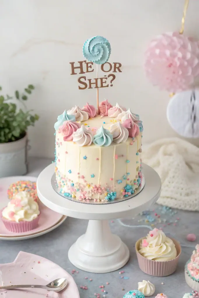 A beautifully decorated gender reveal cake ready for Instagram.