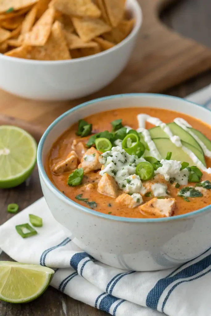 Buffalo chicken soup topped with blue cheese, green onions, and ranch dressing, served with tortilla chips.