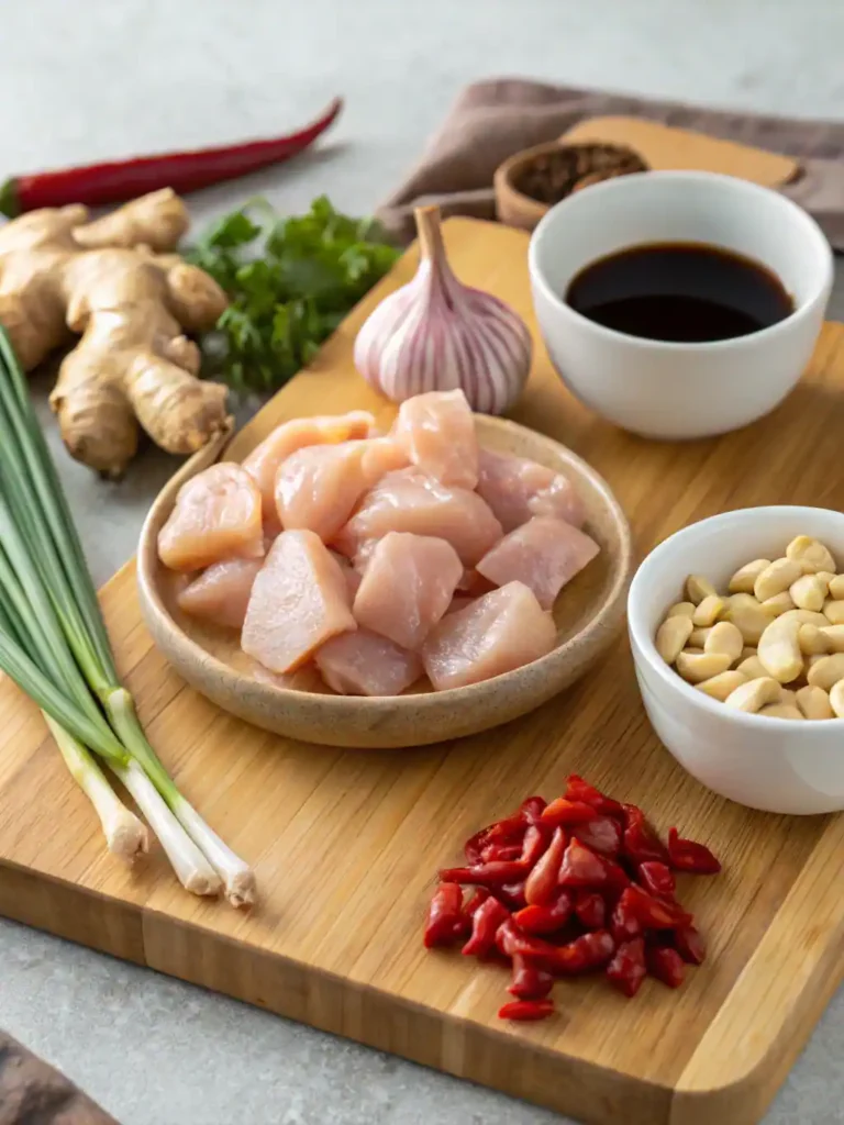 Soy sauce, hoisin sauce, rice vinegar, and sugar arranged on a kitchen counter for making Kung Pao chicken.
