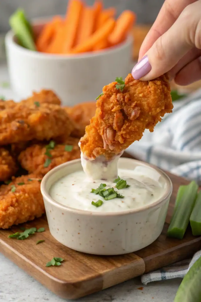 Crispy buffalo chicken tender being dipped into creamy ranch dressing.