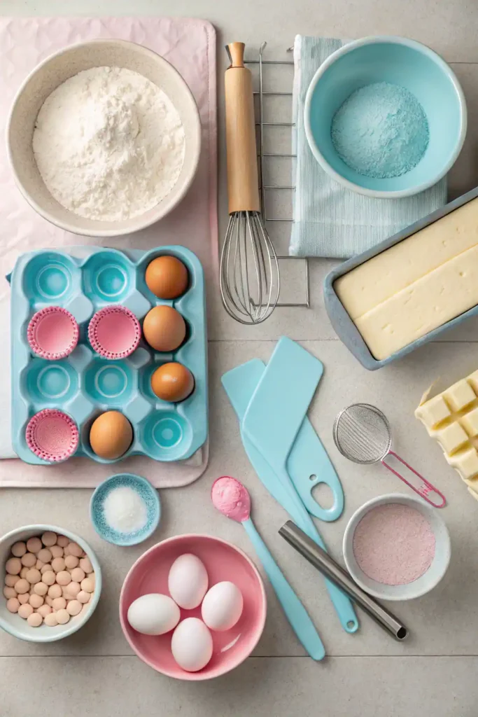 Baking tools and ingredients for making a gender reveal cake.