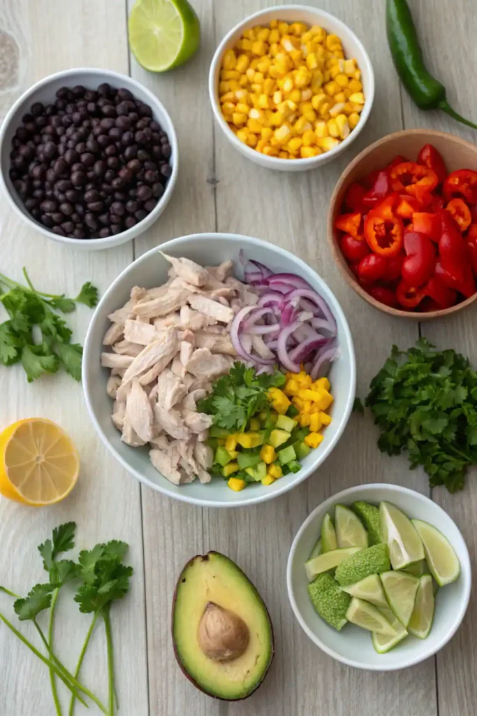 Fresh ingredients for Mexican Chicken Salad arranged on a table.