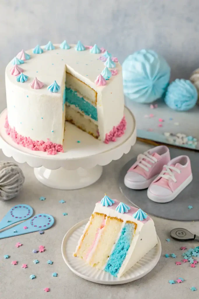 A gender reveal cake with blue filling and pastel decorations.