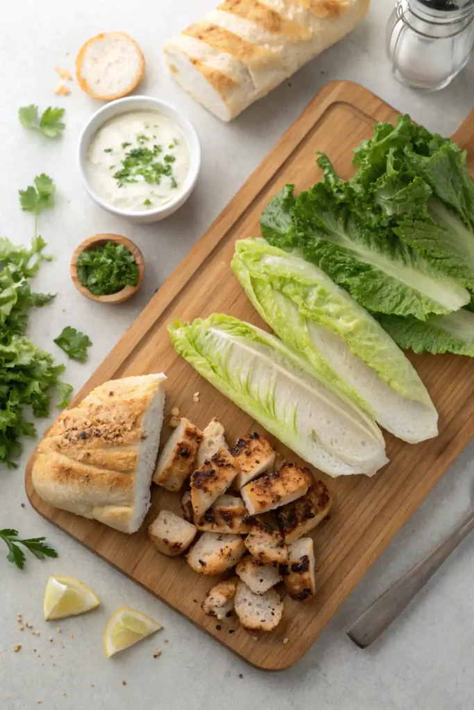 Ingredients for Chicken Caesar Sandwich: grilled chicken, romaine lettuce, Caesar dressing, croutons, and ciabatta bread.