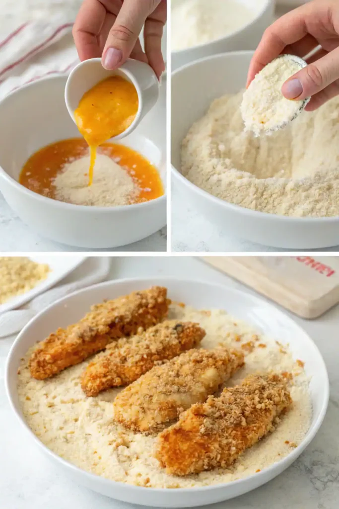 Step-by-step process of preparing buffalo chicken tenders: dipping in flour, egg, and breadcrumbs.