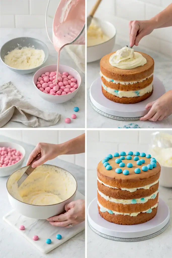 Step-by-step process of making a gender reveal cake.