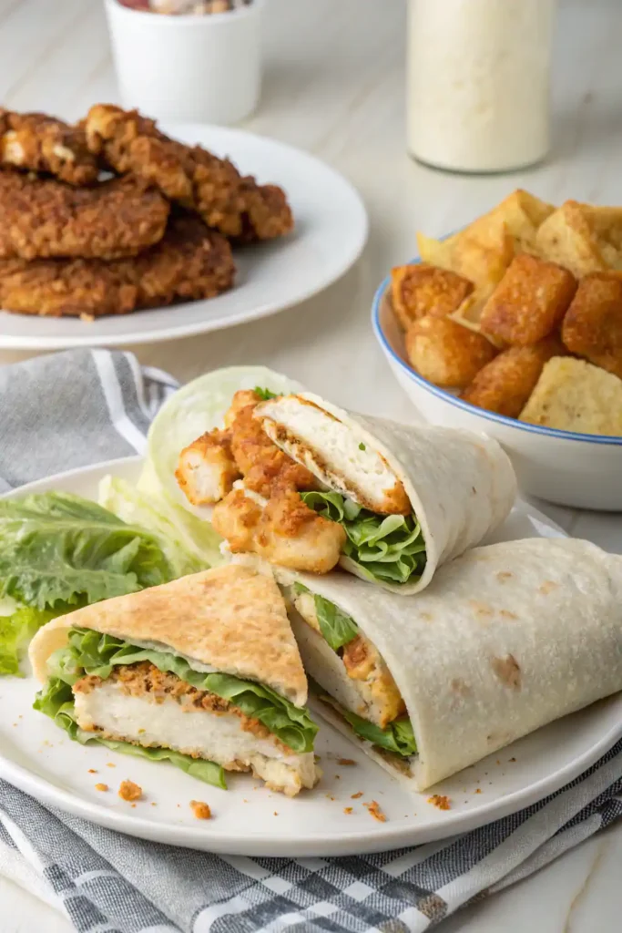 Three variations of Chicken Caesar Sandwich: crispy chicken, Chicken Caesar Wrap, and spicy grilled chicken.