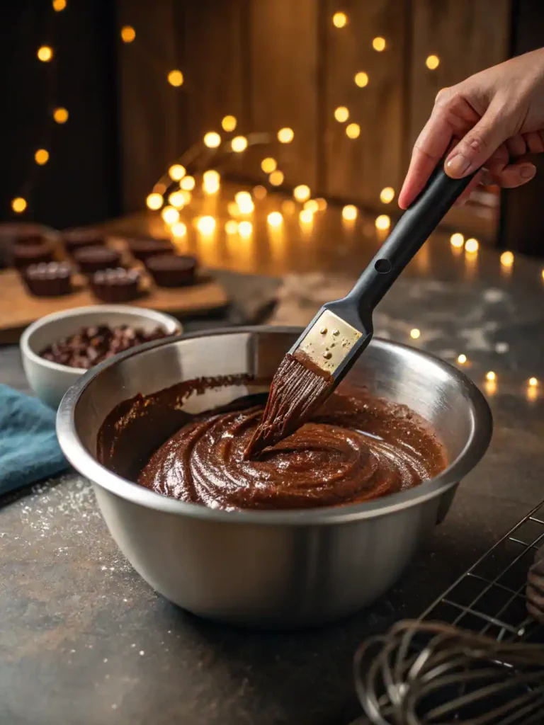 Mixing thick sugar-free brownie batter in one bowl with spatula.