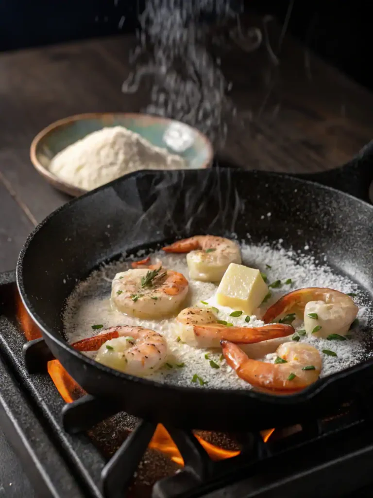 Shell-on shrimp searing in cast iron with bubbling garlic butter.