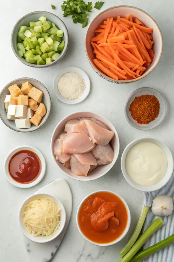 Ingredients for buffalo chicken soup: chicken breasts, celery, carrots, onion, garlic, ranch seasoning, Frank’s RedHot sauce, cream cheese, chicken broth.
