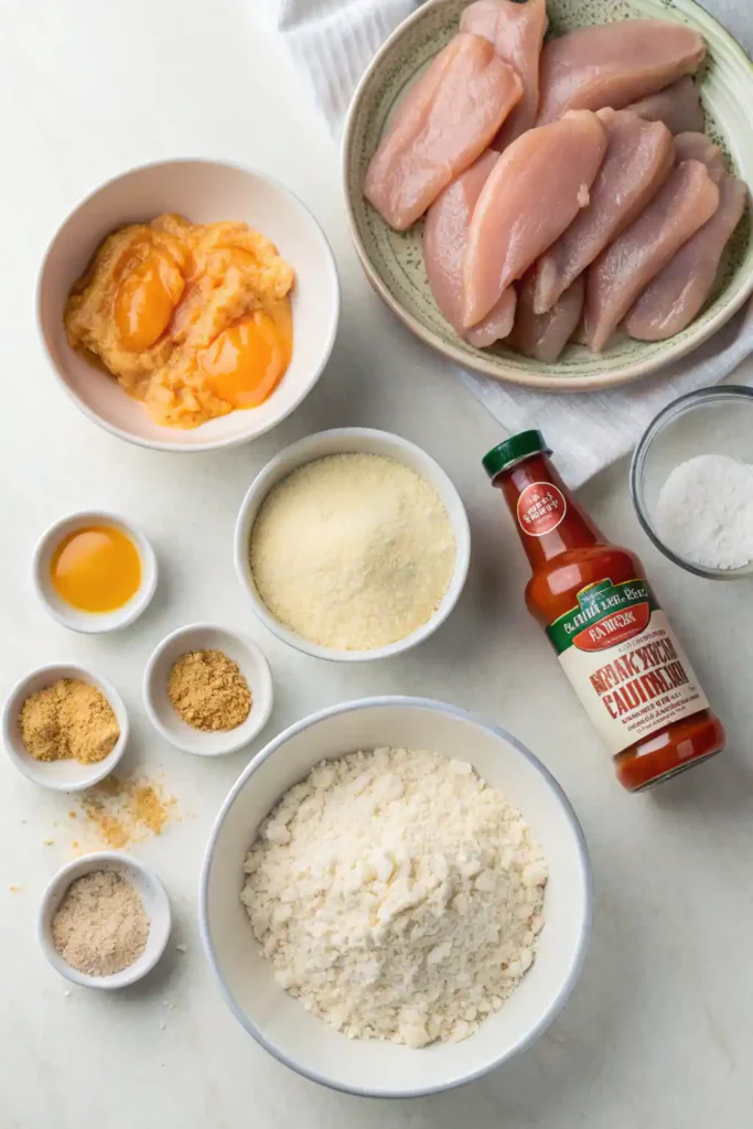 Ingredients for buffalo chicken tenders: chicken tenderloins, flour, eggs, panko breadcrumbs, and hot sauce.