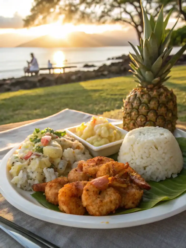 Hawaiian plate lunch with garlic shrimp, rice, macaroni salad.
