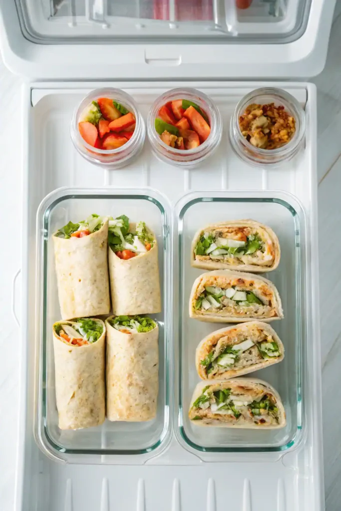 Buffalo wraps packed in glass meal-prep containers ready for the fridge.