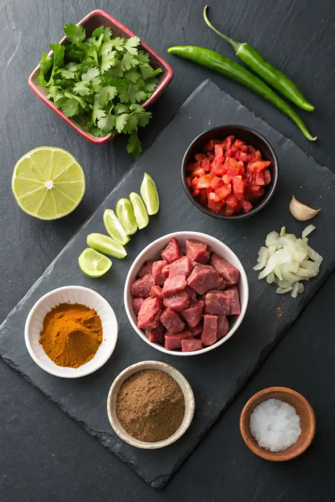 Overhead view of diced raw beef surrounded by spices, vegetables, and herbs used to make carne picada.