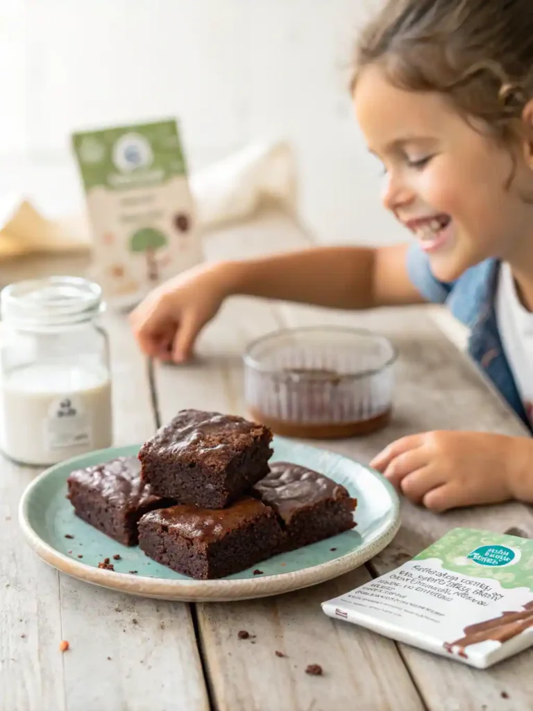 Child grabbing fudgy sugar-free brownies beside jar of monk-fruit sweetener.