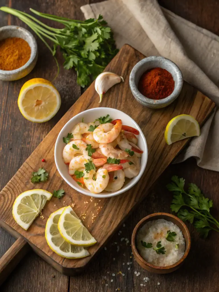 Key ingredients—shell-on shrimp, garlic-butter, paprika, cayenne—for hawaiian garlic shrimp.