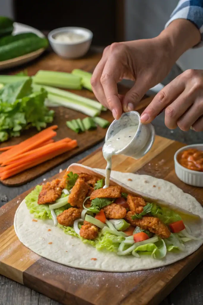 Hands assemble a buffalo chicken wrap, drizzling ranch over the filling.