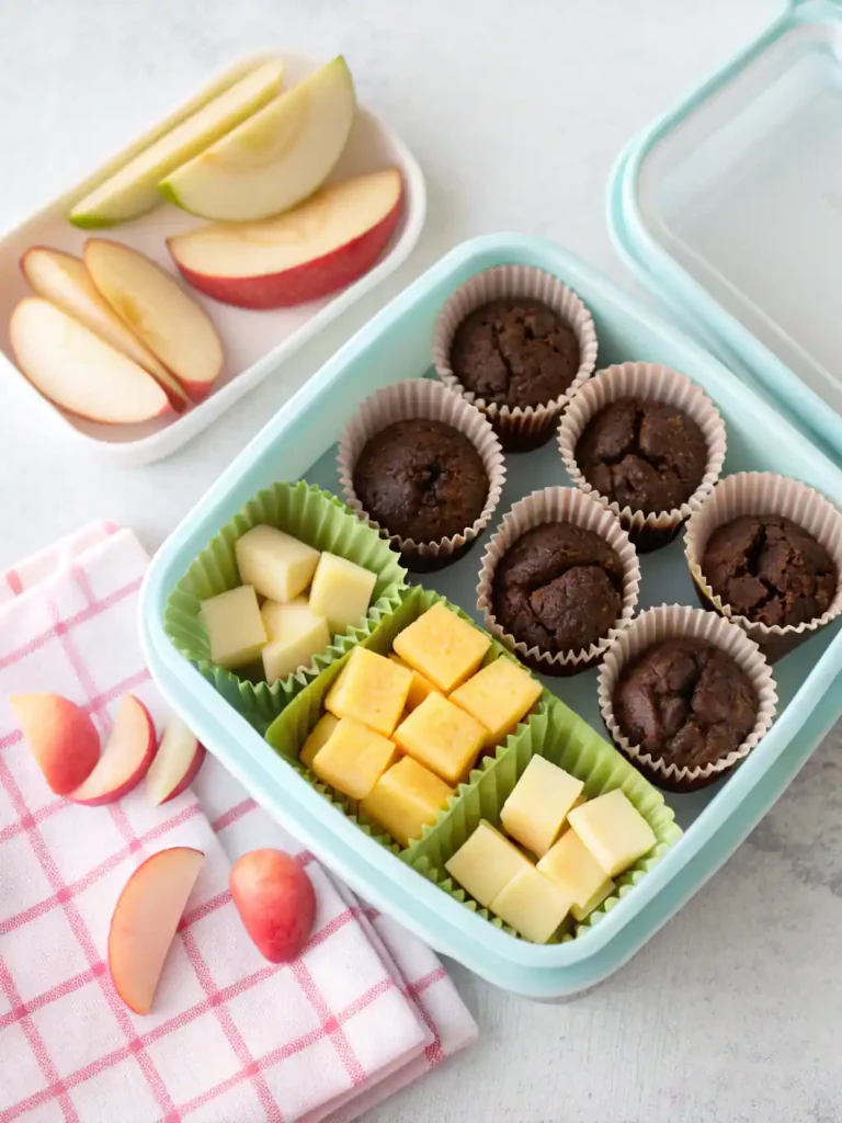 Lunch box packed with mini sugar-free brownie bites and healthy sides.