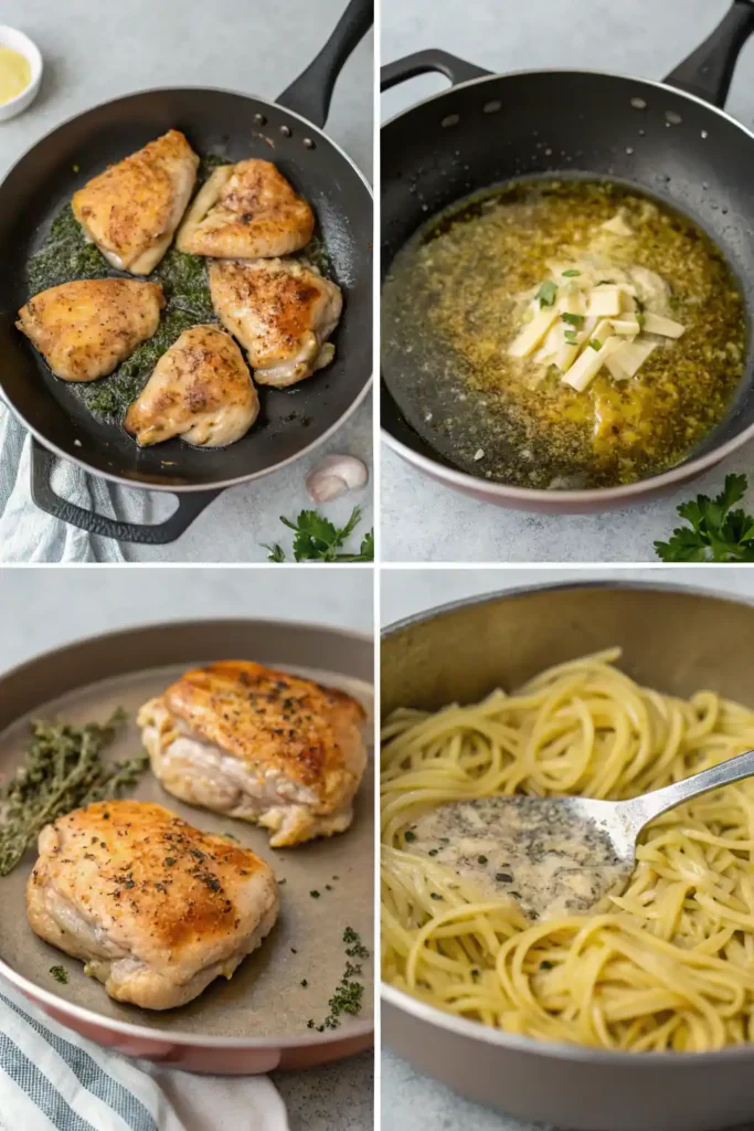Four-step cooking process showing chicken preparation, cooking, sauce making, and final dish assembly