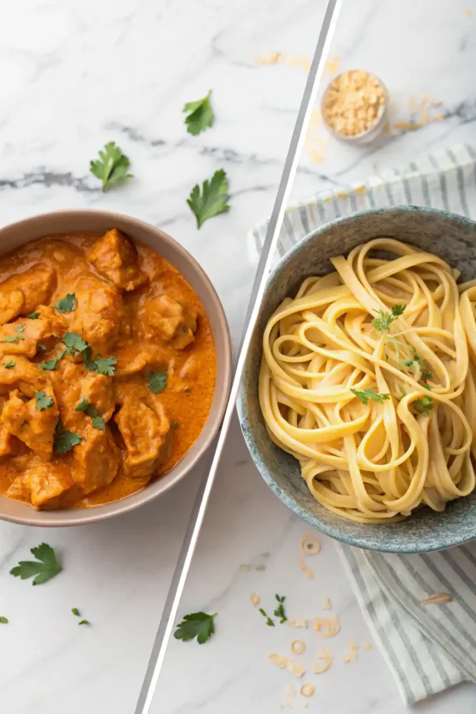 Split image showing butter chicken and linguine pasta representing the fusion concept of Cowboy Butter Chicken Linguine
