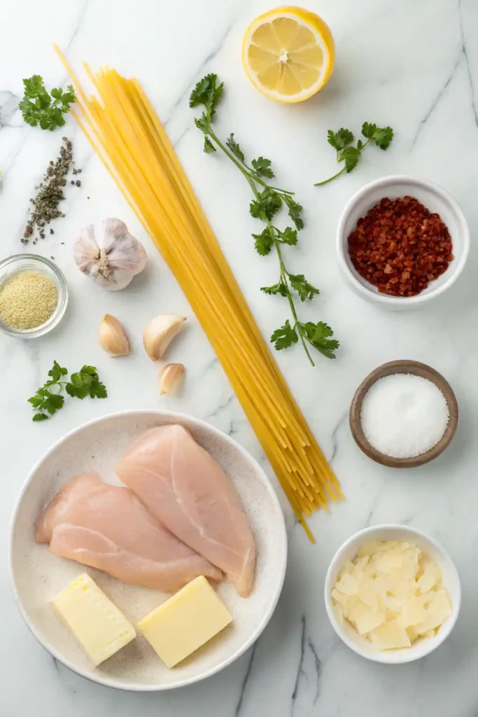 Flat lay of Cowboy Butter Chicken Linguine ingredients including chicken, pasta, butter, garlic, and herbs