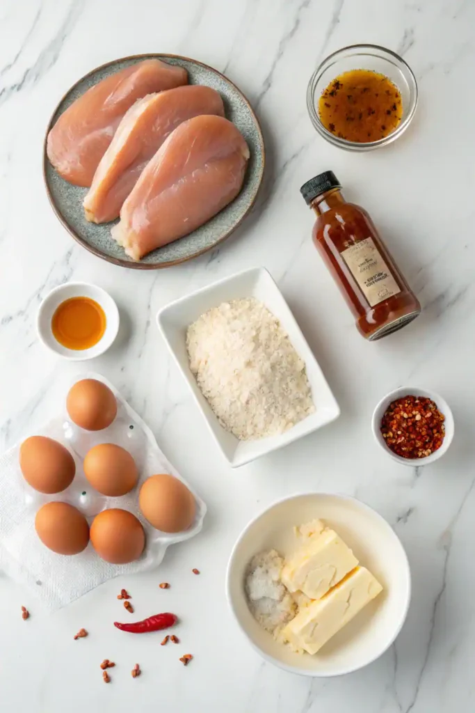 Ingredients laid out for hot honey chicken recipe