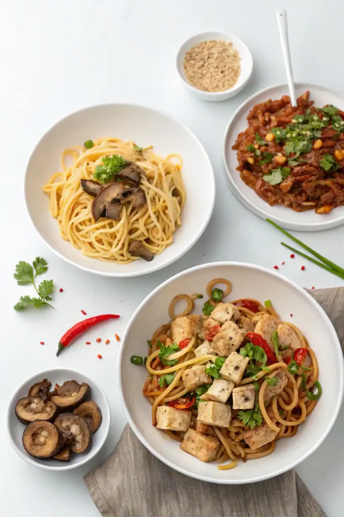 Three variations of Cowboy Butter Chicken Linguine showing original, vegetarian, and spicy versions